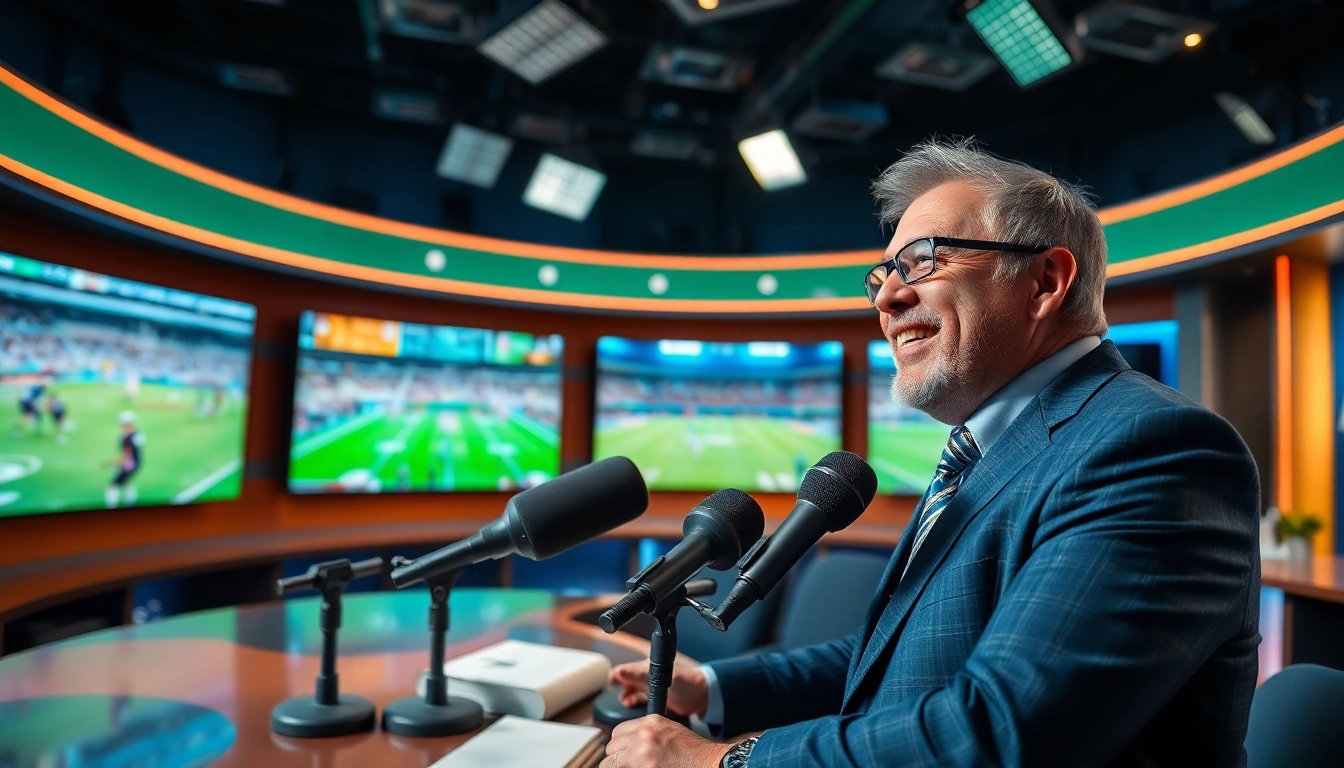 Engaging action in a sports broadcasting studio showcasing dynamic commentators and equipment.