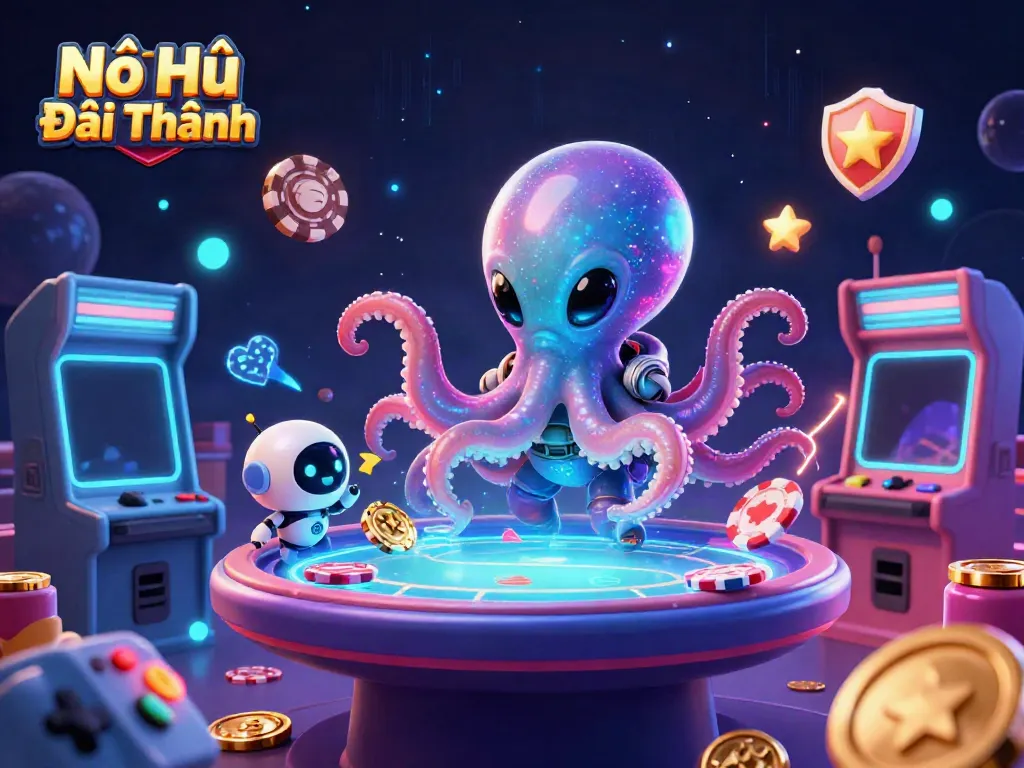Nổ Hũ Đổi Thưởng with an alien octopus at a holographic poker table surrounded by vibrant gaming elements