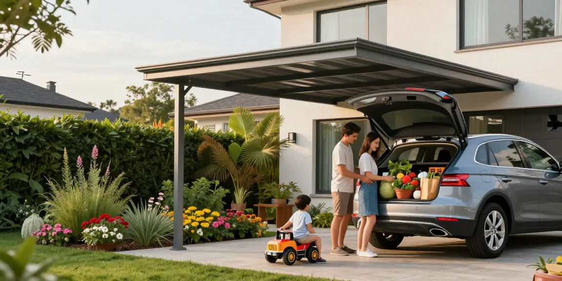Moderne Carport-Lösung für Familien im Garten mit Kindern und Auto.