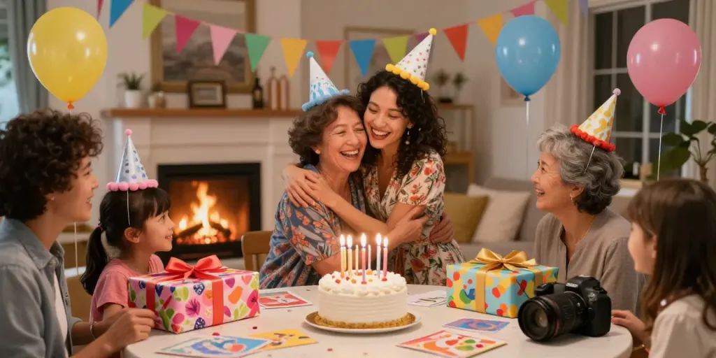Mooie verjaardagwensen voor de lieve tante, feestelijke verjaardagsscene met familie, kleurrijke versieringen en een verjaardagstaart.