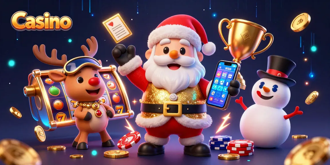 Casino scene with Santa, a reindeer dealer, and a poker chip snowman celebrating jackpot wins.
