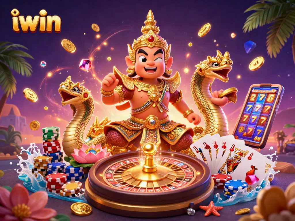 Experience thrilling casino action with iwin's vibrant 3D illustration featuring winning elements and dynamic gaming scenes.