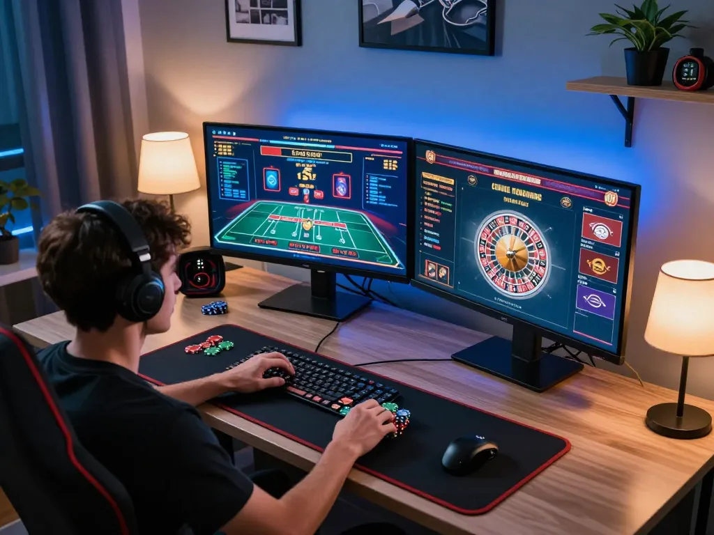 F168 player engaging in live dealer casino game with high-tech setup and strategic focus