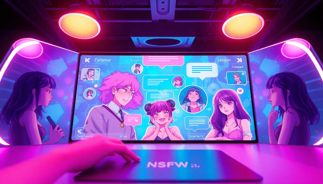 Engaging NSFW chat interface showcasing diverse AI characters in a vibrant digital environment.
